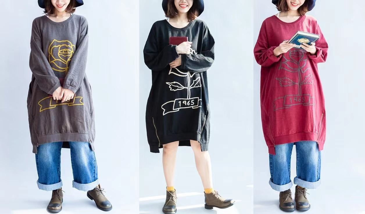 Red Rose Spring Dresses Cotton Shift Dress Pullover Zippered Hem
