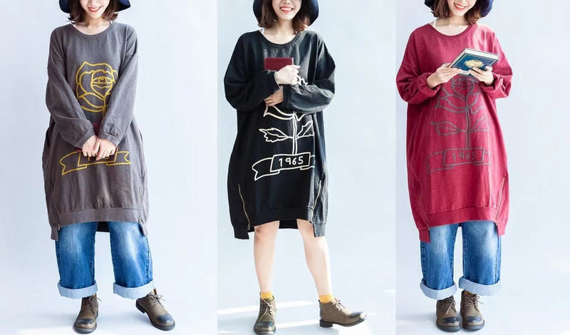 Red Rose Spring Dresses Cotton Shift Dress Pullover Zippered Hem