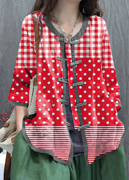 Brown Flowers Print Chinese Button Cotton Shirt Top Summer