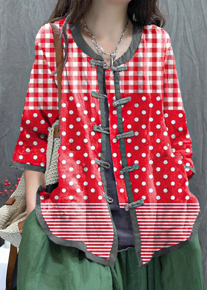 Purple Print Chinese Button Cotton Shirt Top Summer