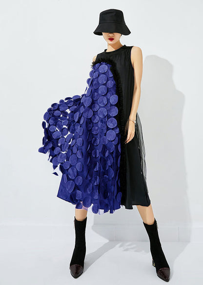 Black-khaki Dot Asymmetrical Patchwork Wrinkled Tulle Maxi Dress Sleeveless