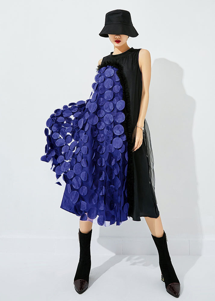 Black Asymmetrical Patchwork Wrinkled Tulle Maxi Dress Sleeveless