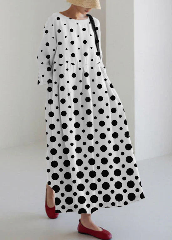 White Spliced Polka Dots Cotton Dresses Pockets Patchwork Spring
