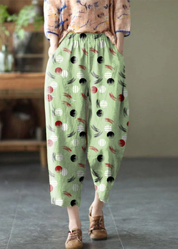 Natural White Polka Dots Elastic Waist Summer Linen Harem Pants