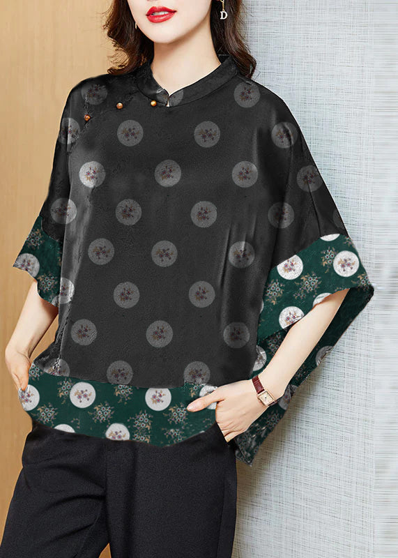 Green Polka Dots Mandarin Collar Asymmetrical Patchwork Jacquard Silk Shirts Batwing Sleeve
