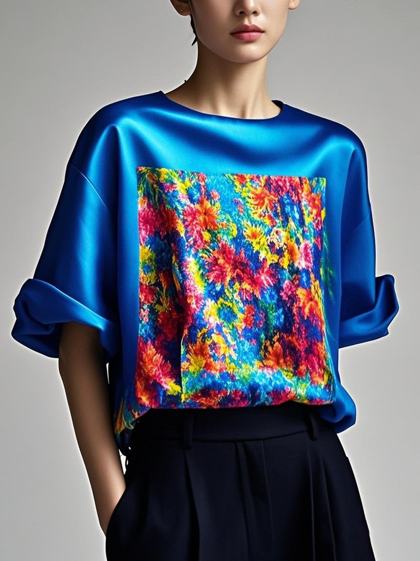 Fitted Red Patchwork Silk Tops Summer