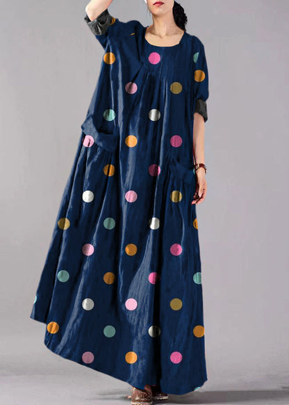 Blue Dots Big Pockets Linen Vacation Dresses Wrinkled Long Sleeve