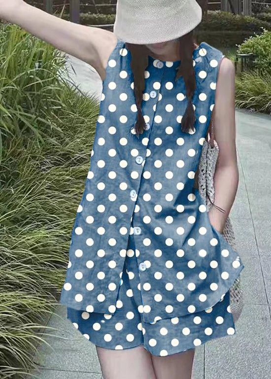 French Blue Tops and Shorts Linen Two Piece Set Summer