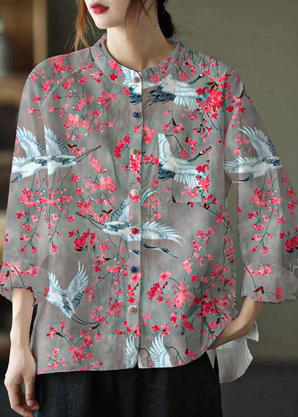 Modern Gray Text Loose Patchwork Pockets Fall Long Sleeve Blouse Top