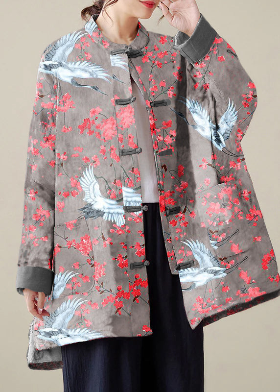 Organic Gray Crane Oversized Print Fine Cotton Filled Coat Outwear Winter