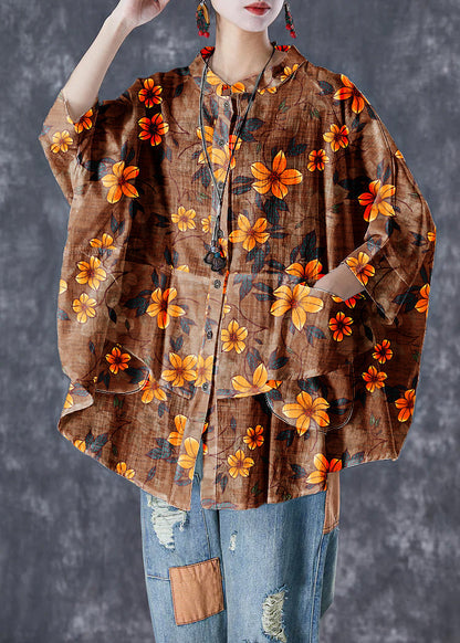 Orange-flower Stand Collar Patchwork Linen Shirt Tops Batwing Sleeve