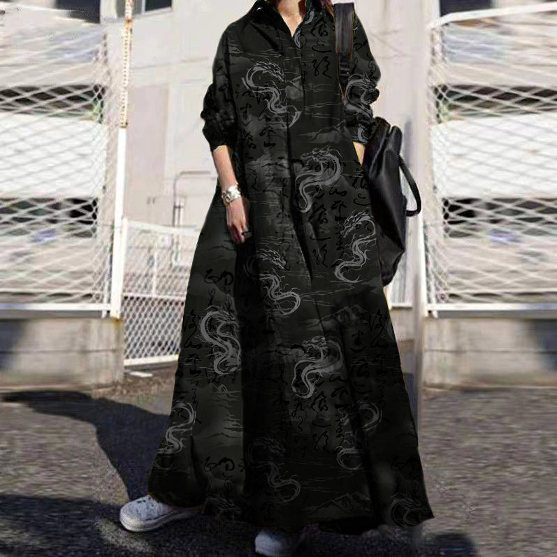 Retro Print Lapel Loose Long Sleeve Maxi Shirt Dress With Pocket