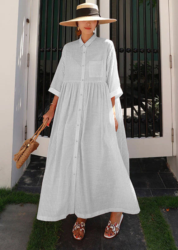 Grey Peter Pan Collar Striped Button Pockets Wrinkled Long Dresses Half Sleeve