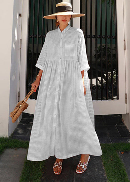 Yellow Peter Pan Collar Striped Button Pockets Wrinkled Long Dresses Half Sleeve