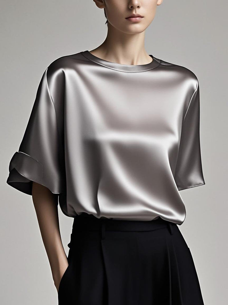 Fitted Oil Painting Color Scheme Patchwork Silk Tops Summer