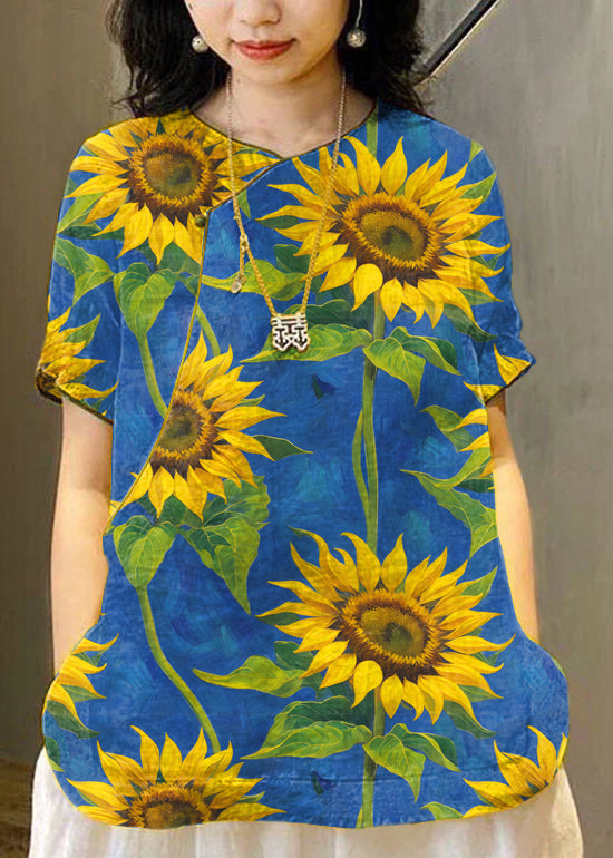 Chinese Style Yellow Flower O-neck Embroidered Linen Tops Short Sleeve
