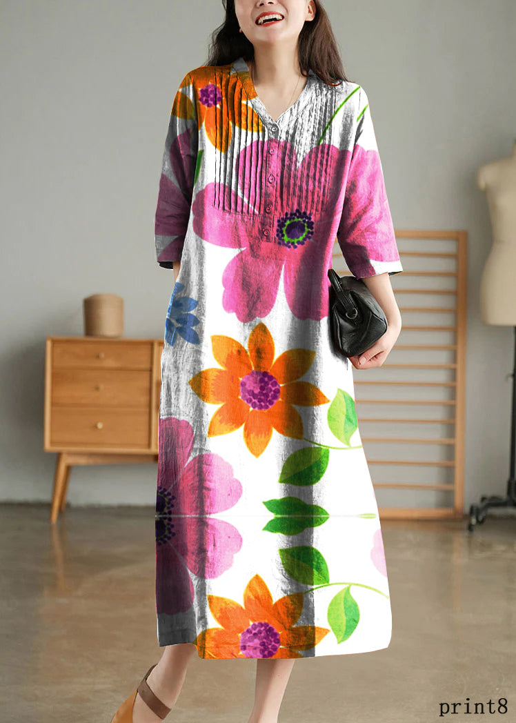Grey Print7 Loose Linen Long Dresses Button Half Sleeve