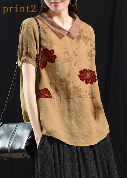 Khaki-red Flower Patchwork Turn-down Collar Summer Short Sleeve Top