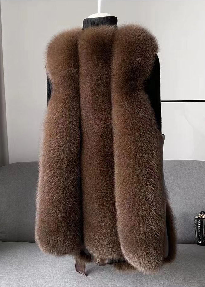 Italian Cocoa Fox Collar Faux Leather and Fur Waistcoat Winter