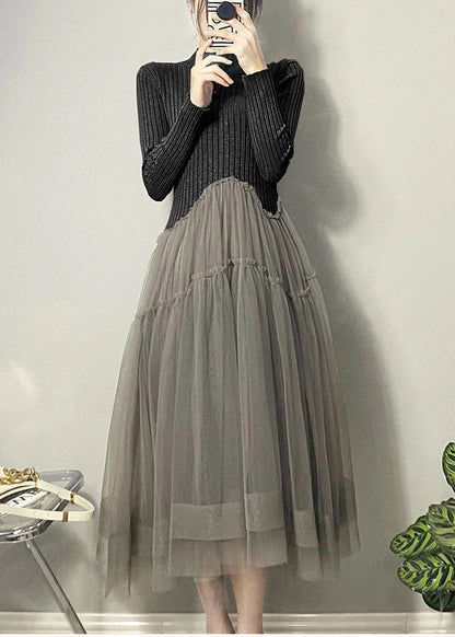 Black Asymmetrical Tulle Patchwork Long Dresses Fall