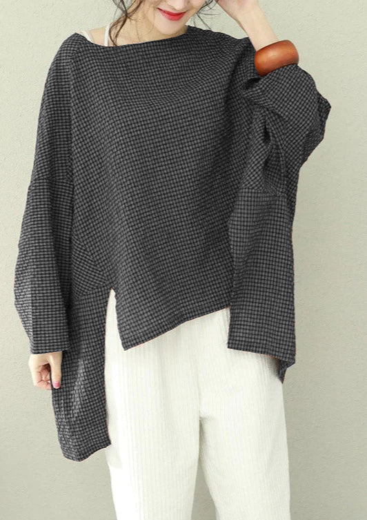 Asymmetric Cotton Fine Work Blue Plaid Oversized Tops