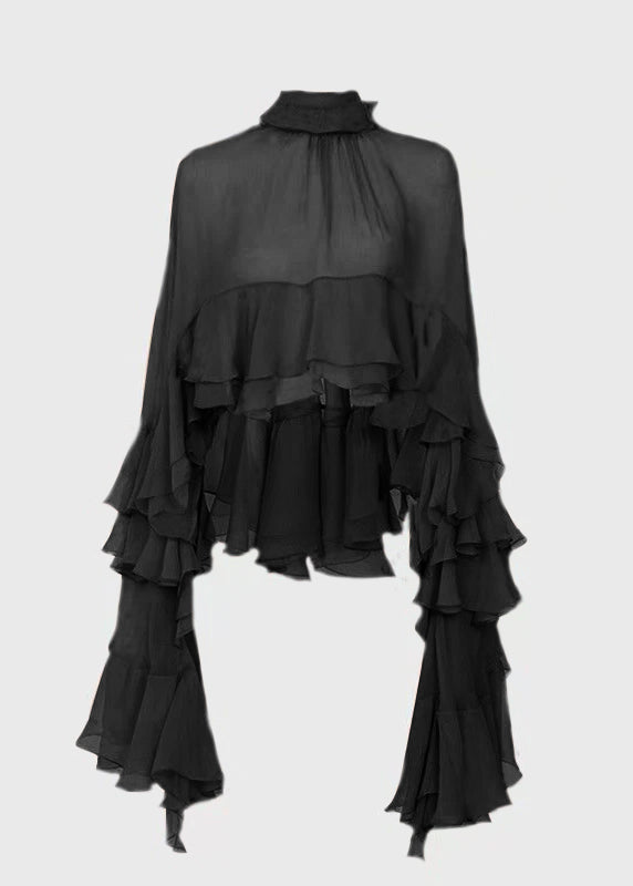 Stand Collar Ruffled Patchwork Chiffon Shirt Long Sleeve