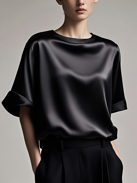 Fitted Black Patchwork Silk Tops Summer