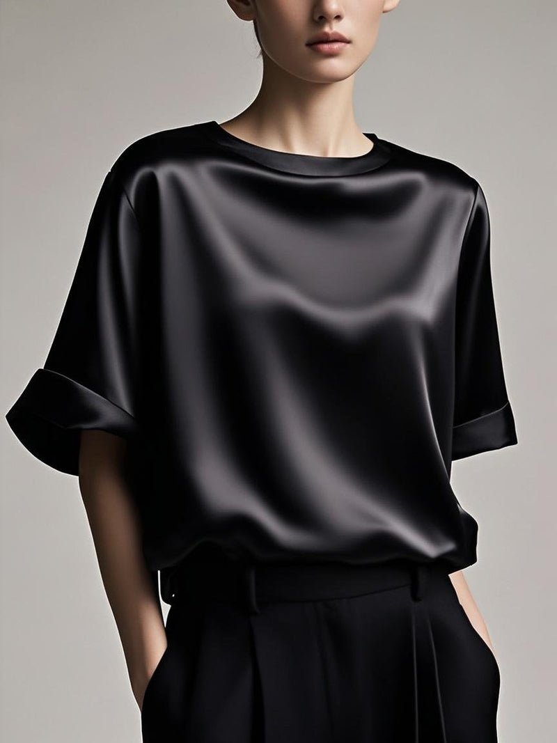 Fitted Black Patchwork Silk Tops Summer