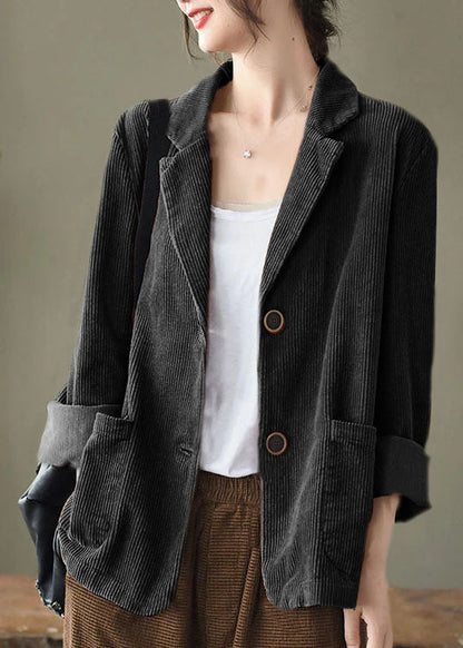 Loose Blue Button Pockets Peter Pan Collar Corduroy Coat Long Sleeve