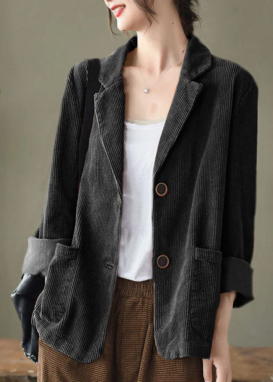 Loose Yellow Button Pockets Peter Pan Collar Corduroy Coat Long Sleeve