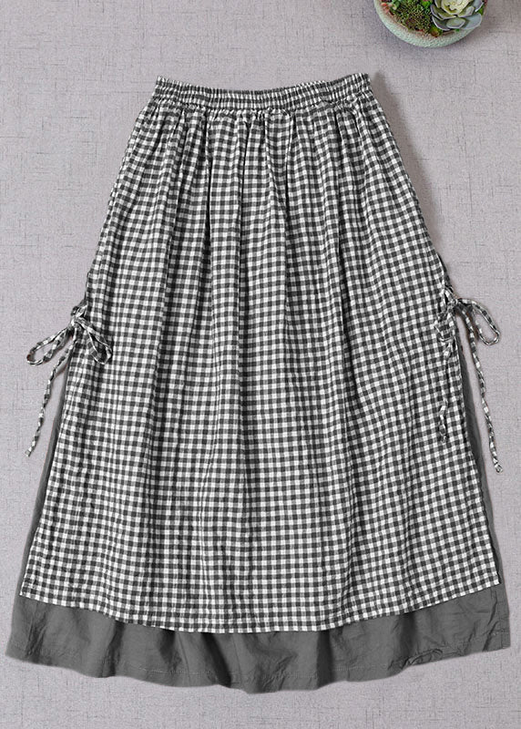 French Chocolate Plaid Side Open Tie Skirt Spring