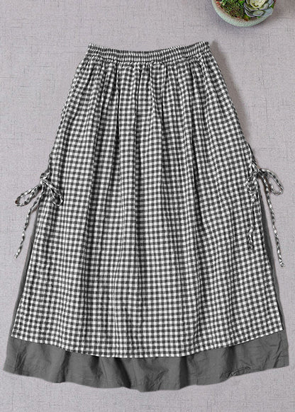 French Chocolate Plaid Side Open Tie Skirt Spring
