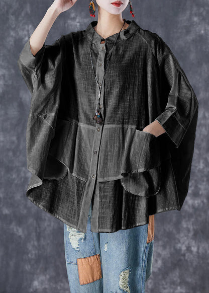 Gray-camouflage Stand Collar Patchwork Linen Shirt Tops Batwing Sleeve