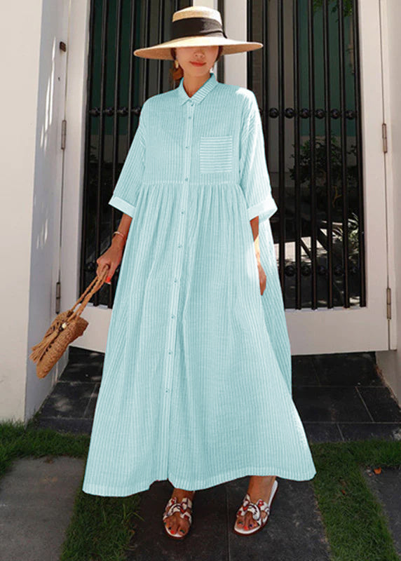 Blue Peter Pan Collar Striped Button Pockets Wrinkled Long Dresses Half Sleeve