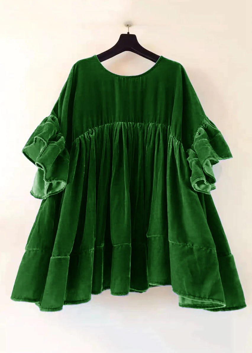 Green Wrinkled Patchwork Velour Short Dress Butterfly Sleeve