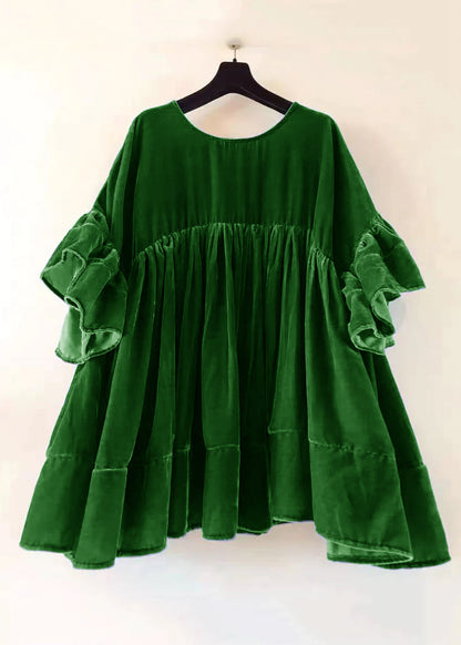 Green Wrinkled Patchwork Velour Short Dress Butterfly Sleeve