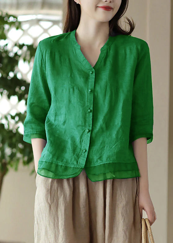 Yellow V Neck Embroidered Ramie Shirt Half Sleeve