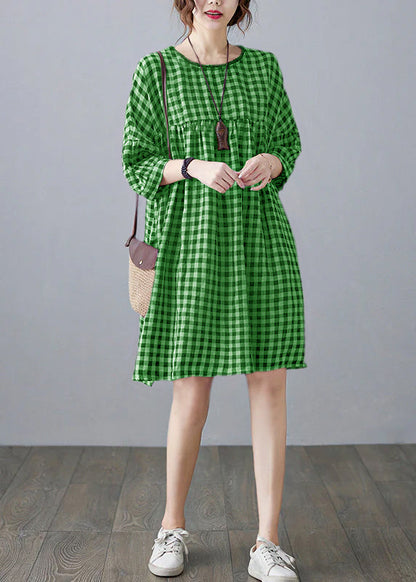 O-neck Wrinkled Pocket Yellow Linen Loose Dresses Half Sleeve
