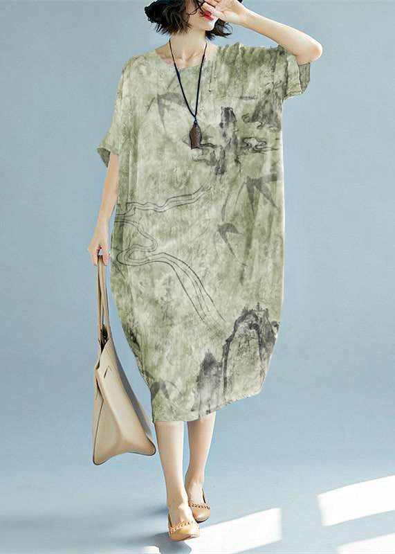 Blue Long Linen Dress O Neck Linen Clothing Dresses Short Sleeve Baggy Dresses Linen Caftans