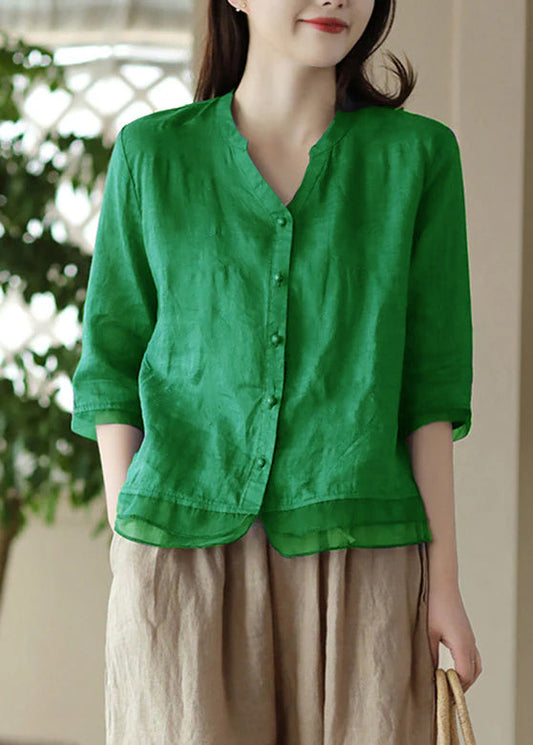 Green V Neck Embroidered Ramie Shirt Half Sleeve
