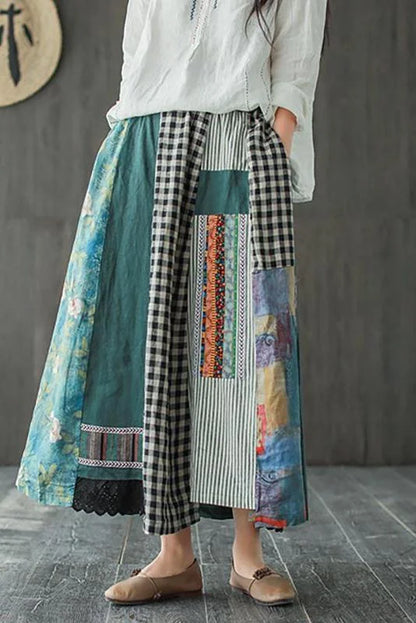 100% Linen A-line Skirt With Irregular Print Stitching