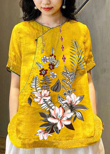 Chinese Style Yellow O-neck Embroideried Linen Tops Short Sleeve