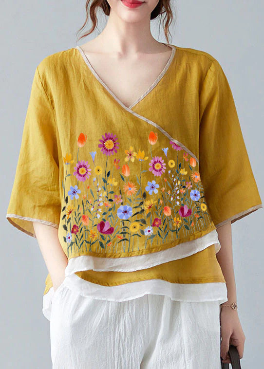 French Yellow V Neck Asymmetrical Design Shirt Spring