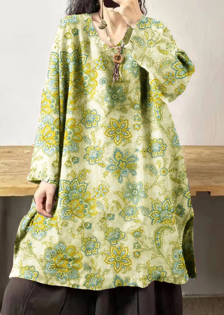Black Flower V Neck Embroidered Patchwork Linen Mid Dresses Fall
