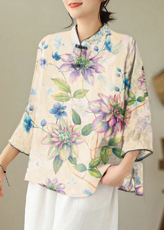 Loose Yellow Flower Stand Collar Embroideried Print Cotton Shirt Bracelet Sleeve