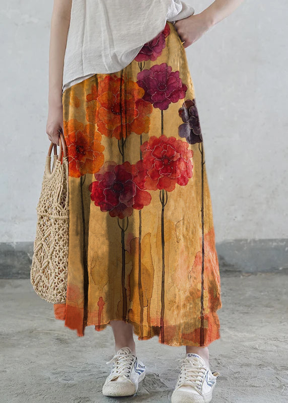 Yellow Flowers Elastic Waist Tie Waist Print Cotton Skirts Spring