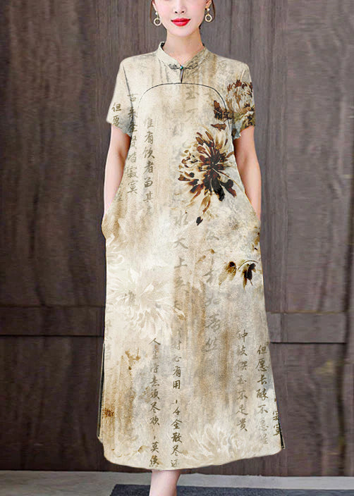 Fitted Yellow Flower Mandarin Collar Print Pockets Silk Long Dresses Short Sleeve