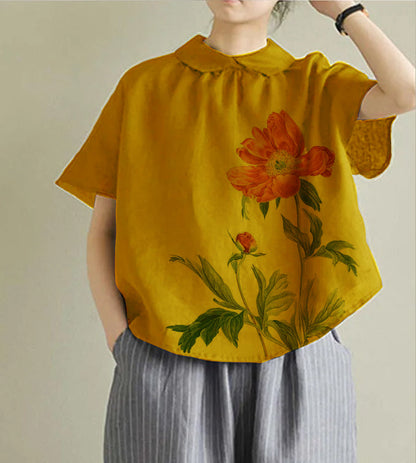 Simple White Peter Pan Collar Linen Shirt Summer