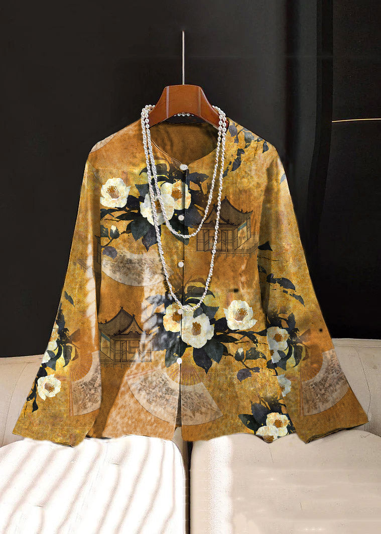 Chinese Style White Print Button Silk Coat Long Sleeve