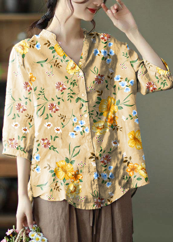 French Yellow Flower Embroidered V Neck Ramie Blouse Top Summer